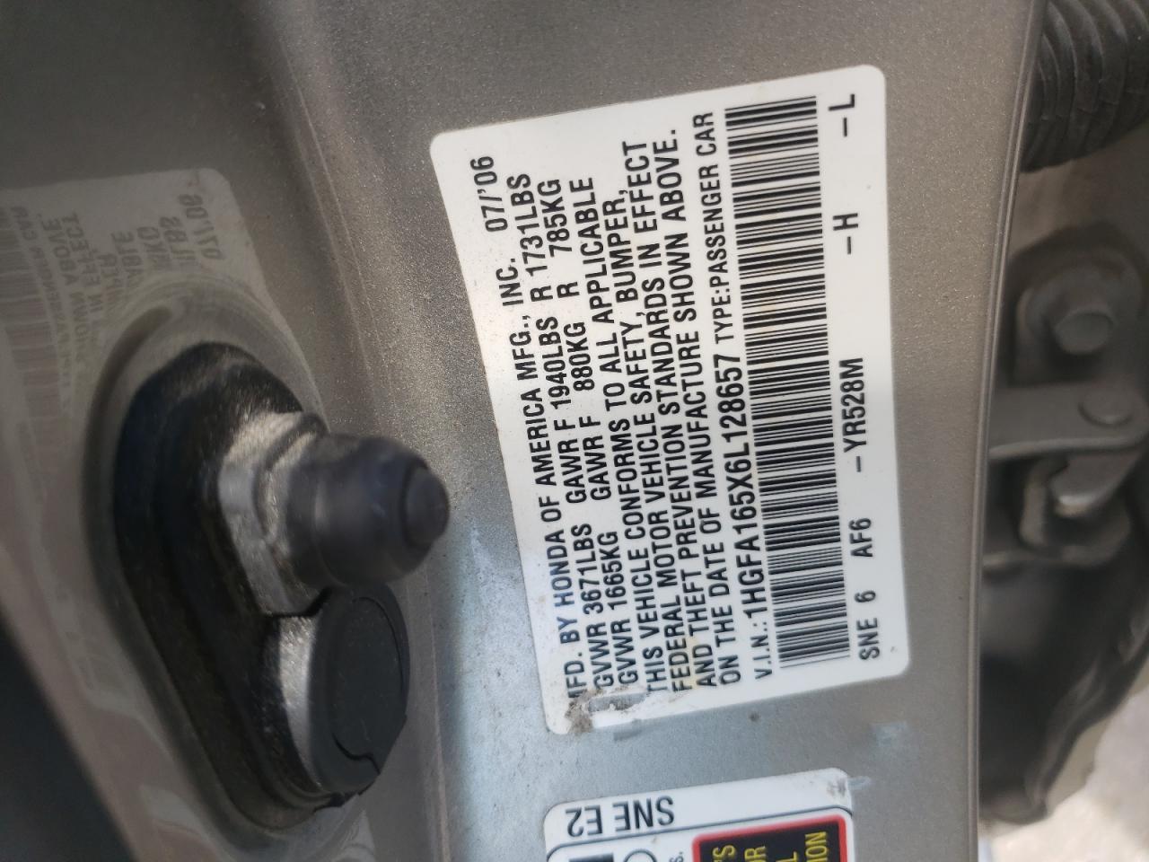 1HGFA165X6L128657 2006 Honda Civic Lx