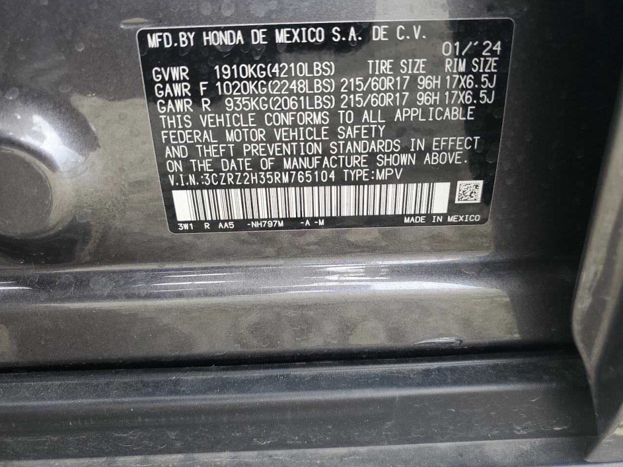 3CZRZ2H35RM765104 2024 Honda Hr-V Lx