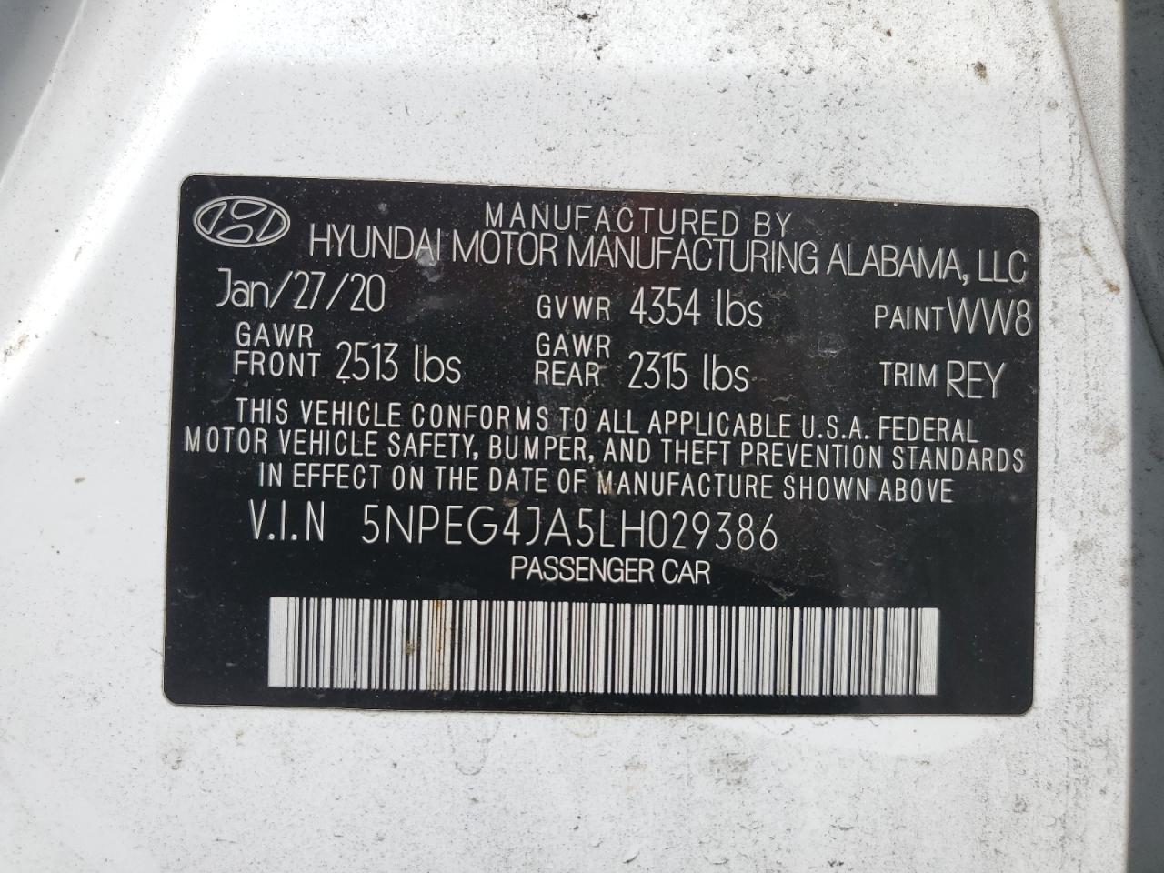 5NPEG4JA5LH029386 2020 Hyundai Sonata Se