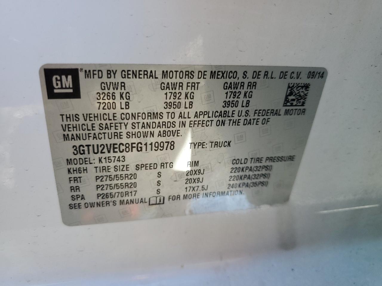 2015 GMC Sierra K1500 Slt VIN: 3GTU2VEC8FG119978 Lot: 67377244