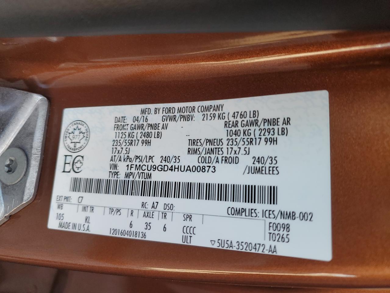 1FMCU9GD4HUA00873 2017 Ford Escape Se