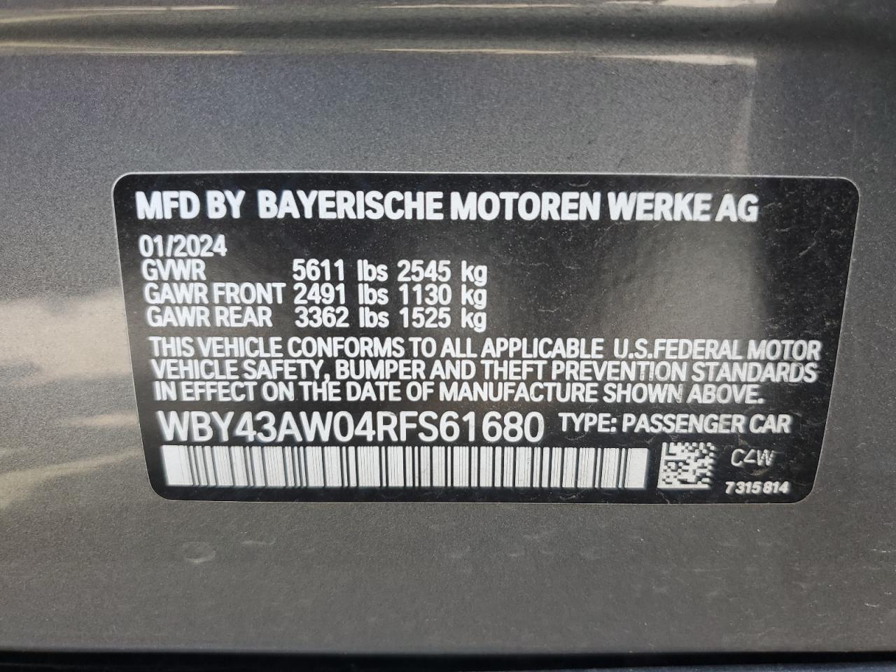 2024 BMW I4 Edrive 35 VIN: WBY43AW04RFS61680 Lot: 65908134