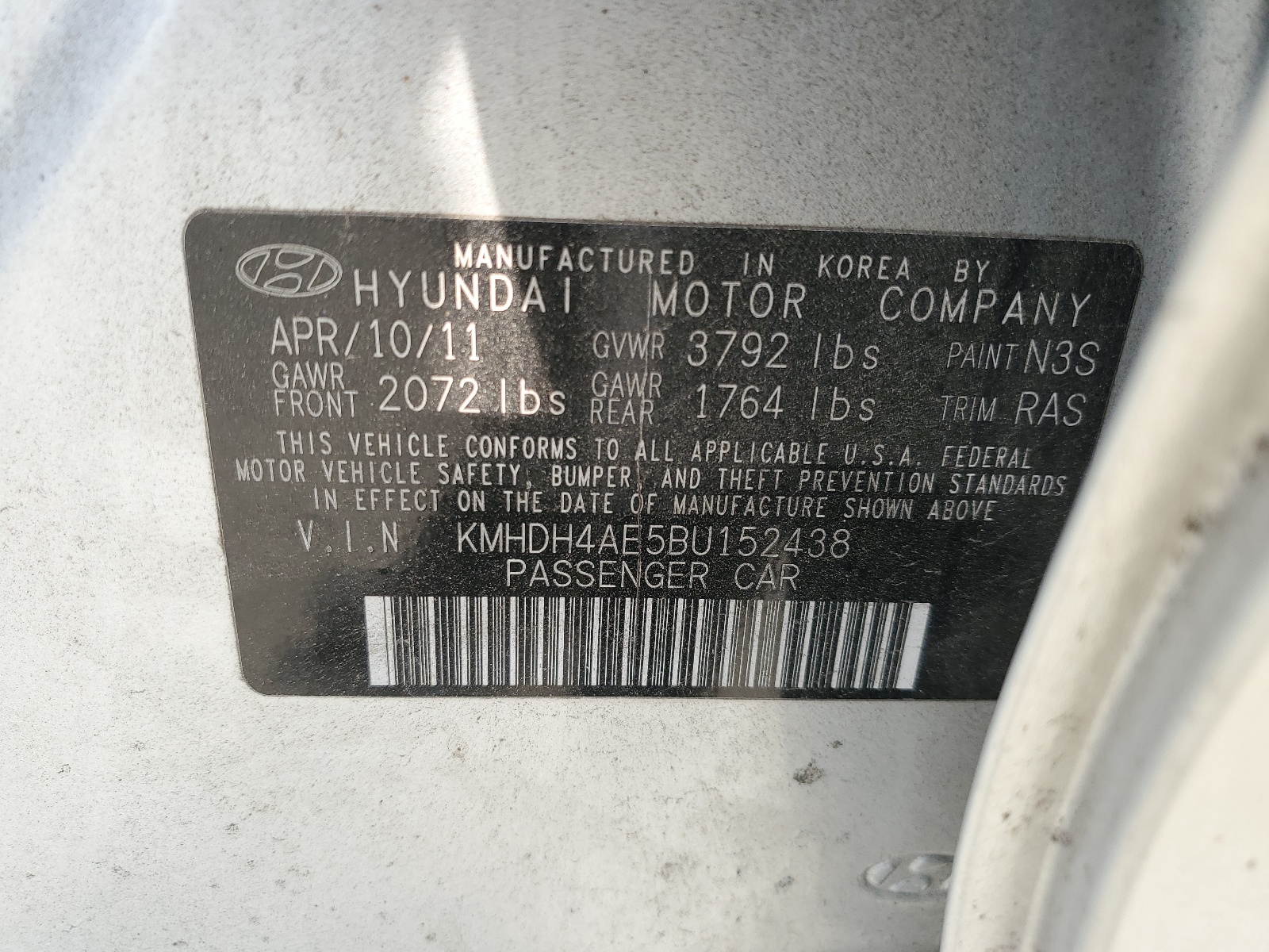 KMHDH4AE5BU152438 2011 Hyundai Elantra Gls
