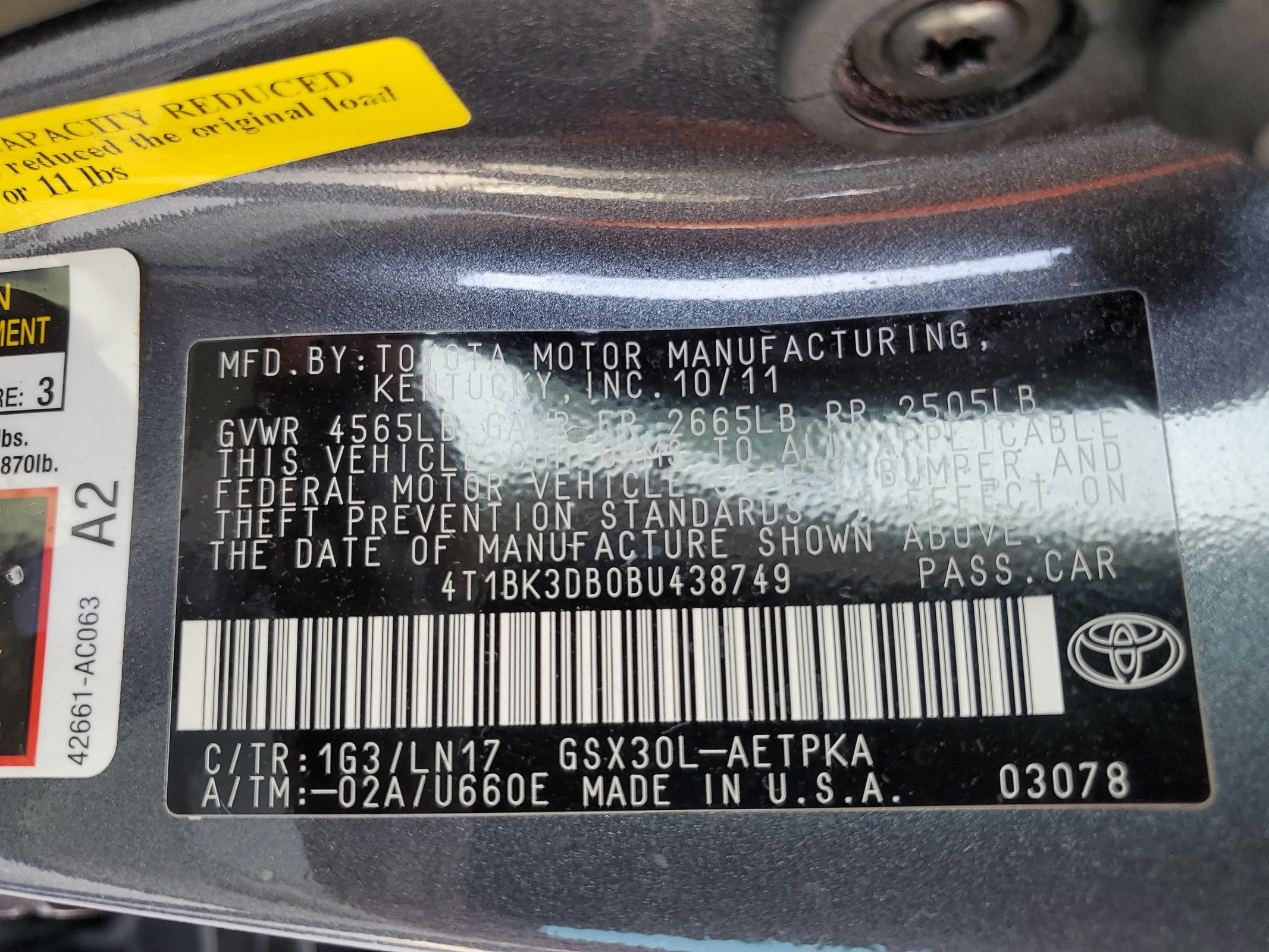 4T1BK3DB0BU438749 2011 Toyota Avalon Base