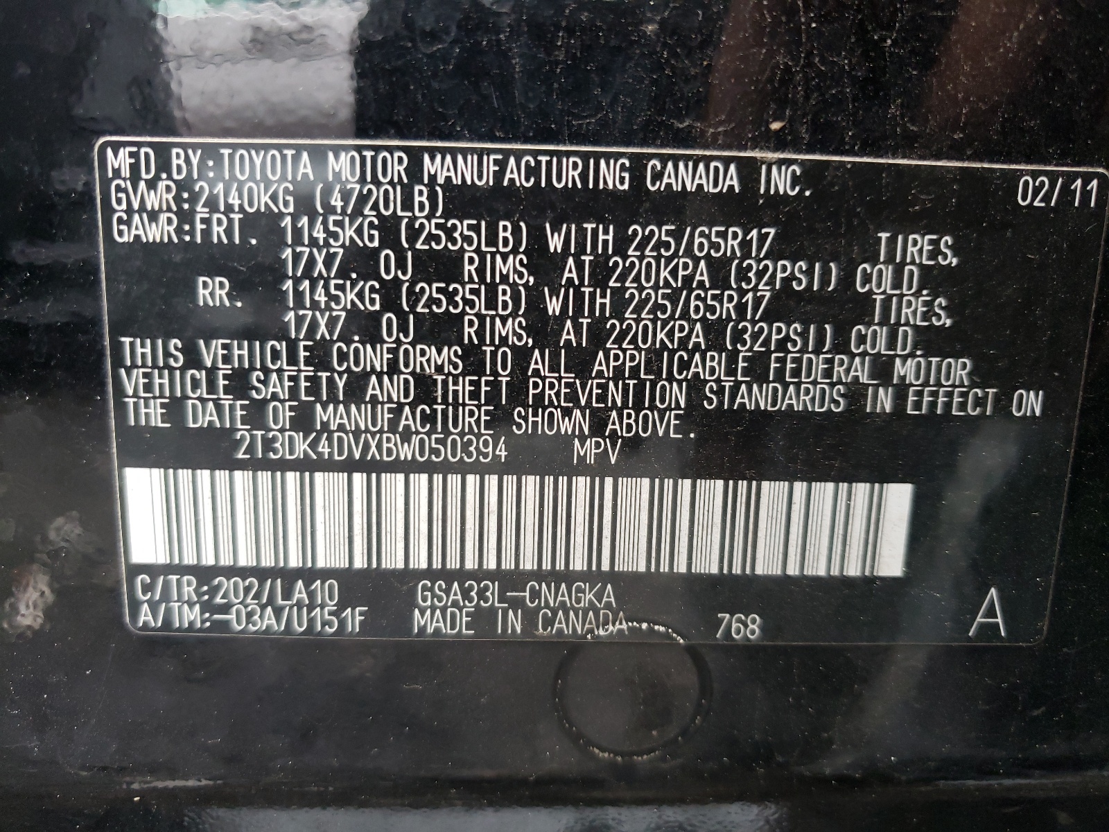 2T3DK4DVXBW050394 2011 Toyota Rav4 Limited