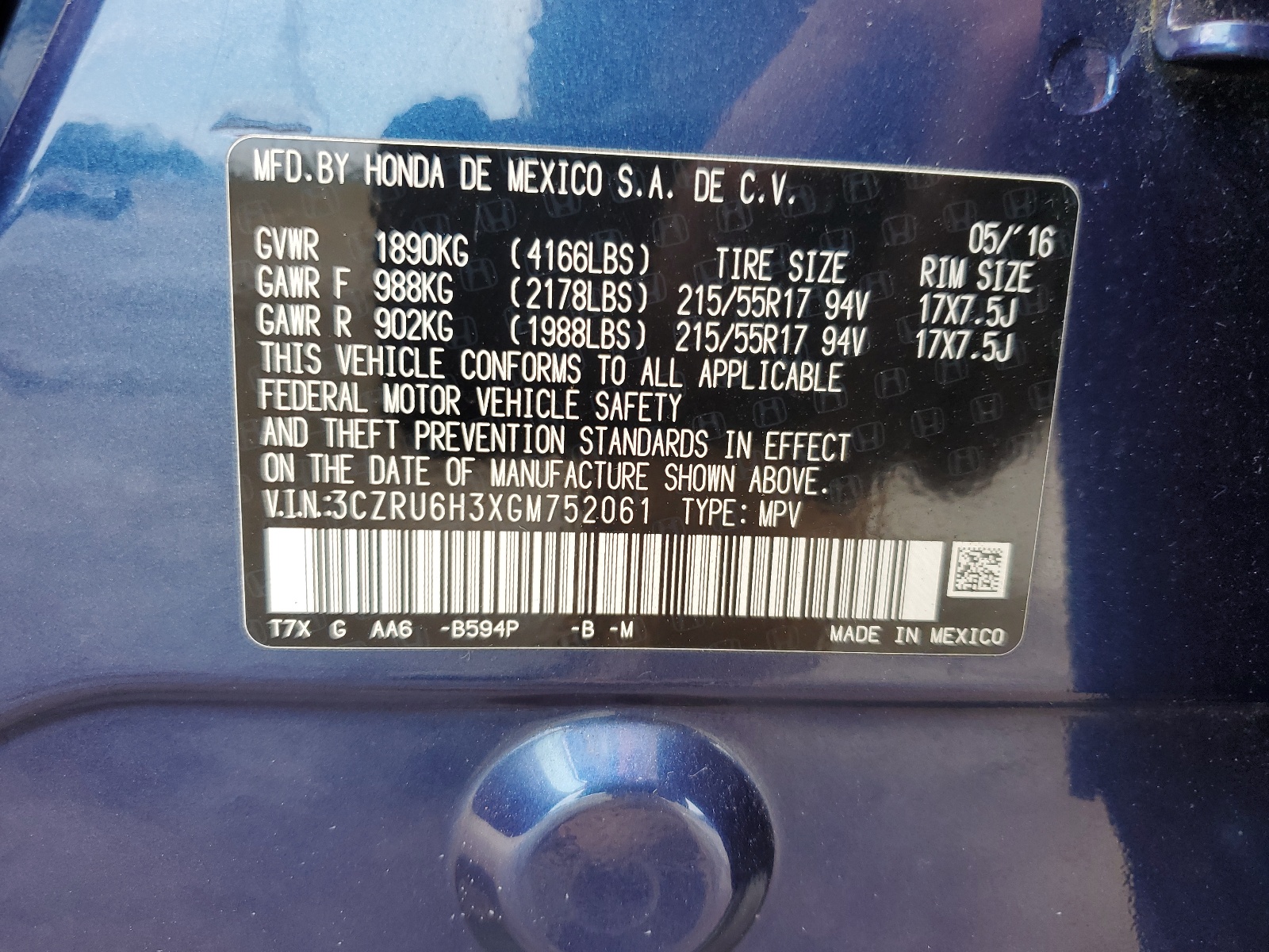 3CZRU6H3XGM752061 2016 Honda Hr-V Lx