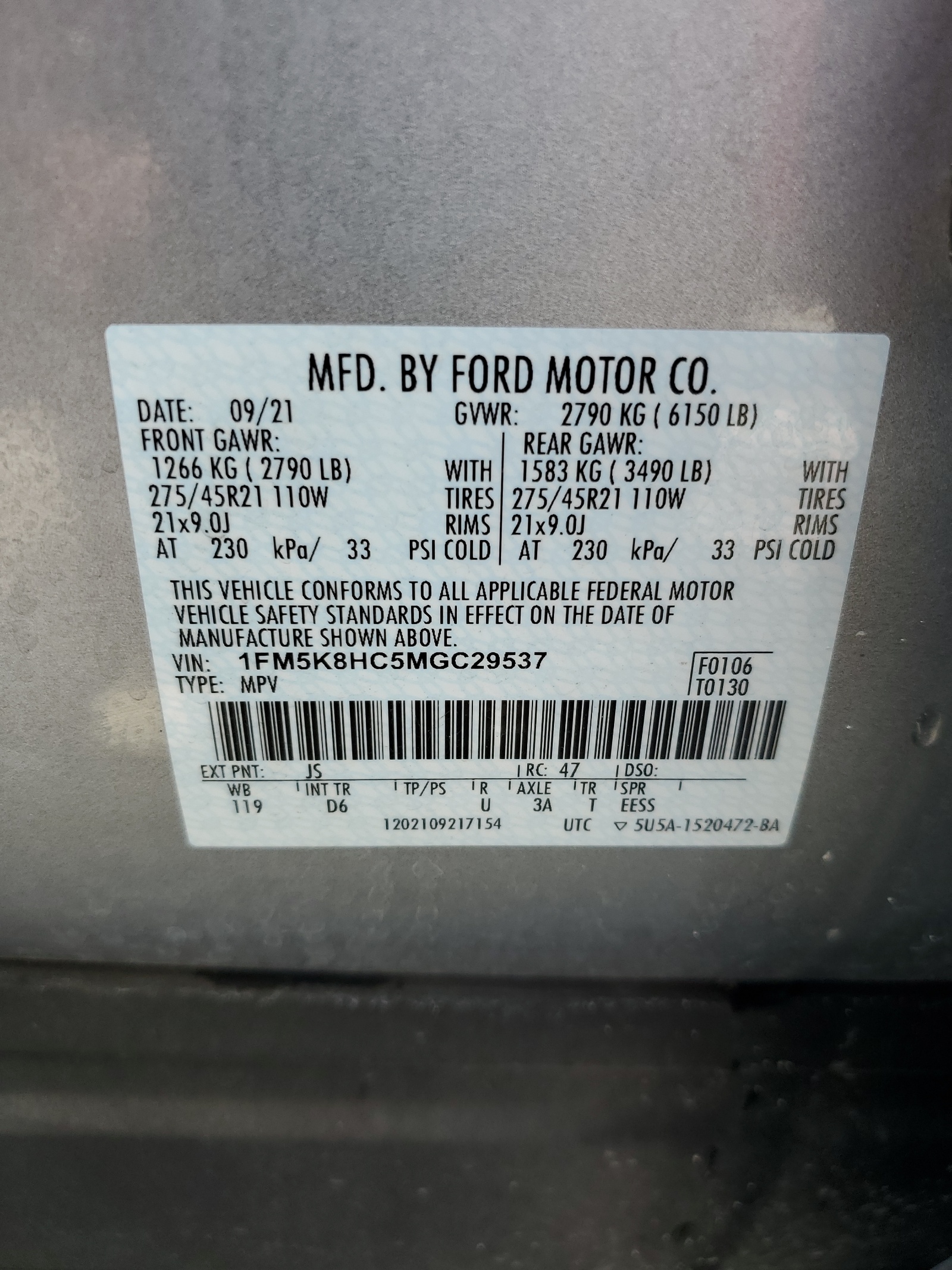 1FM5K8HC5MGC29537 2021 Ford Explorer Platinum