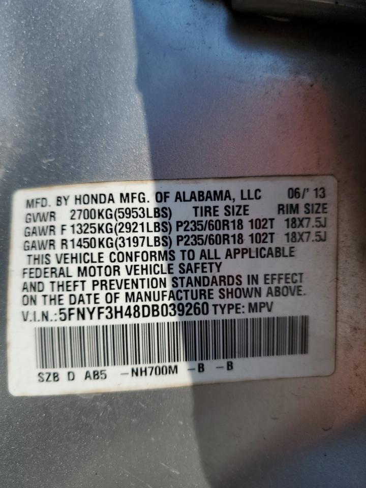 2013 Honda Pilot Ex VIN: 5FNYF3H48DB039260 Lot: 66822244