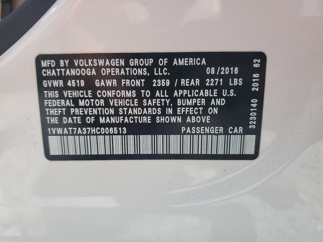 2017 Volkswagen Passat S VIN: 1VWAT7A37HC006513 Lot: 64264754