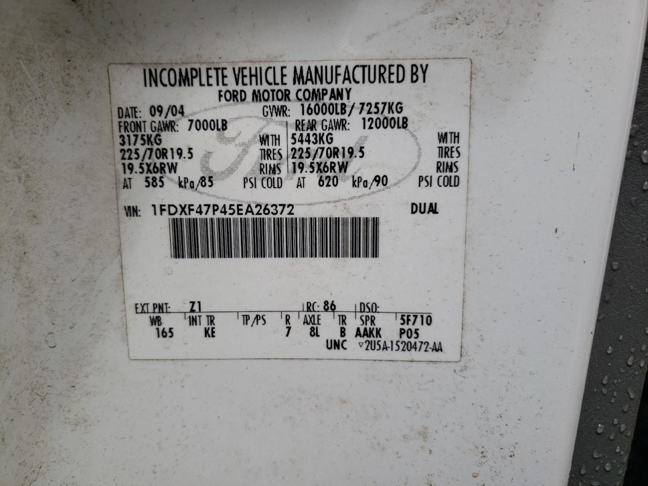 2005 Ford F450 Super Duty VIN: 1FDXF47P45EA26372 Lot: 65941354