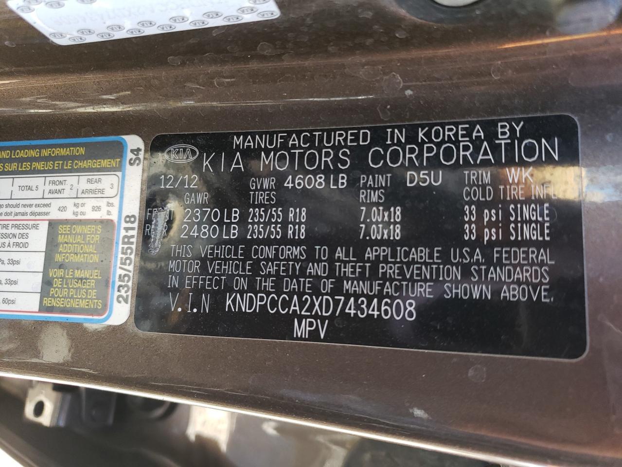 2013 Kia Sportage Ex VIN: KNDPCCA2XD7434608 Lot: 62736984