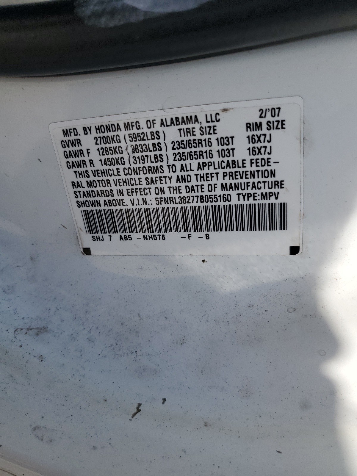 5FNRL38277B055160 2007 Honda Odyssey Lx