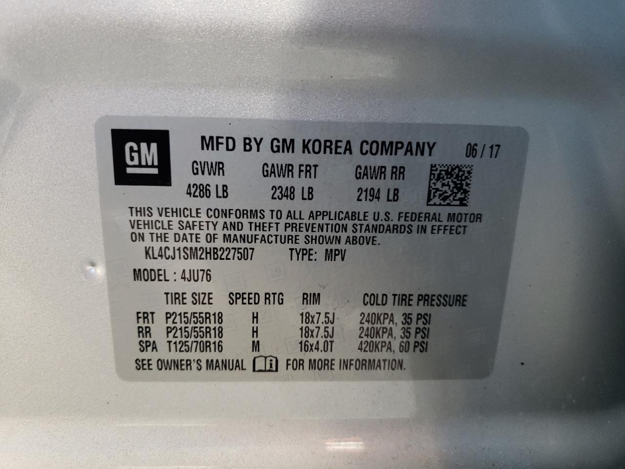 2017 Buick Encore Sport Touring VIN: KL4CJ1SM2HB227507 Lot: 67064534