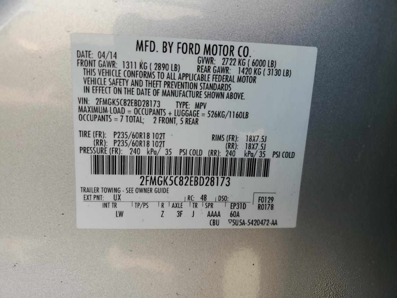 2FMGK5C82EBD28173 2014 Ford Flex Sel