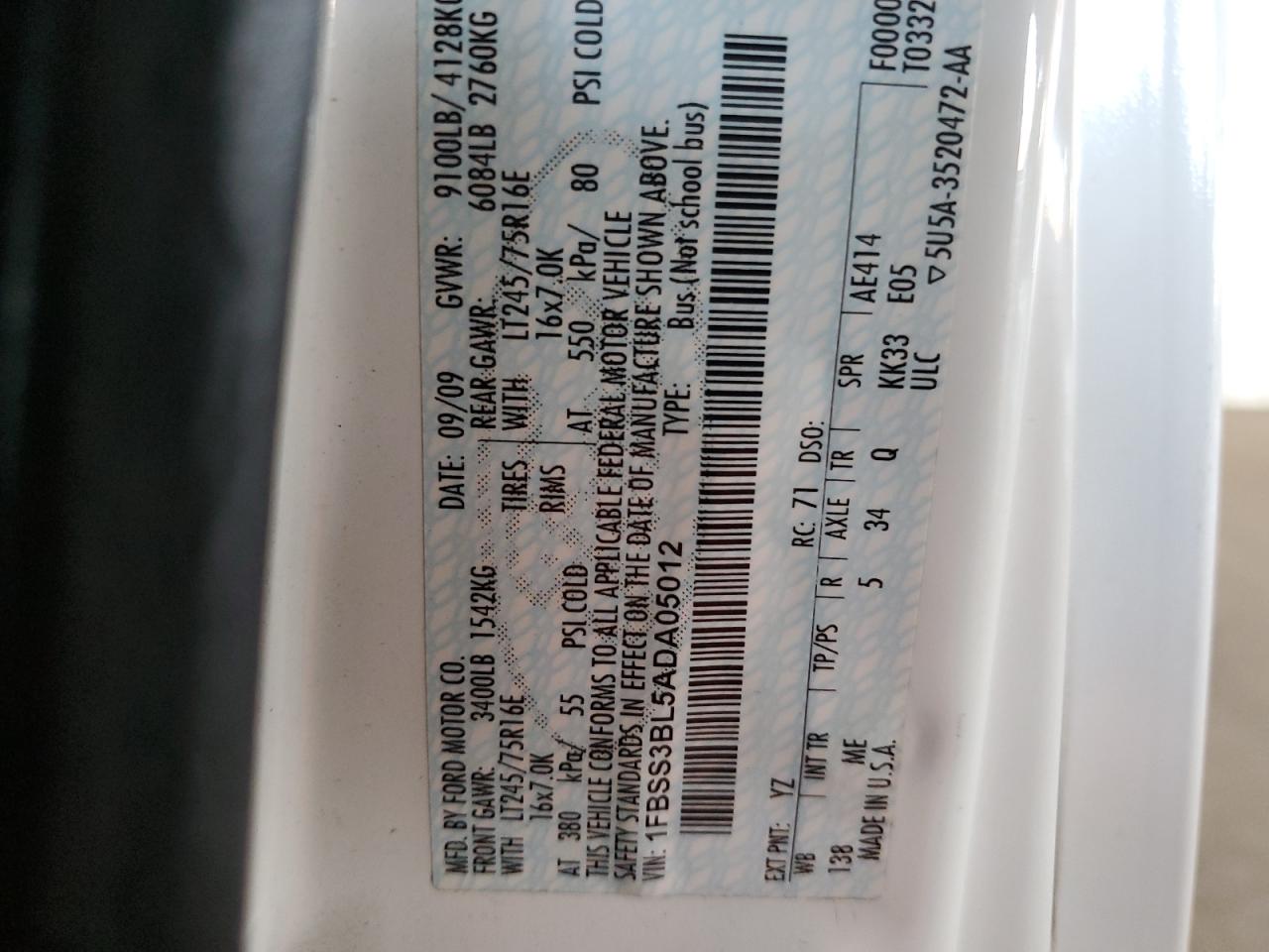 2010 Ford Econoline E350 Super Duty Wagon VIN: 1FBSS3BL5ADA05012 Lot: 67135214