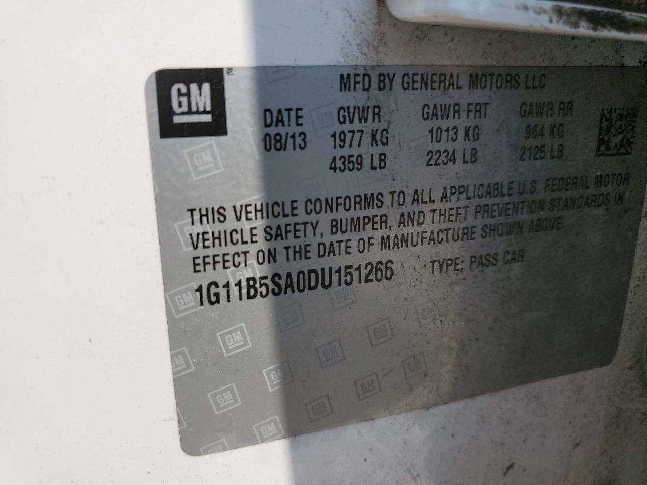 2013 Chevrolet Malibu Ls VIN: 1G11B5SA0DU151266 Lot: 52359455