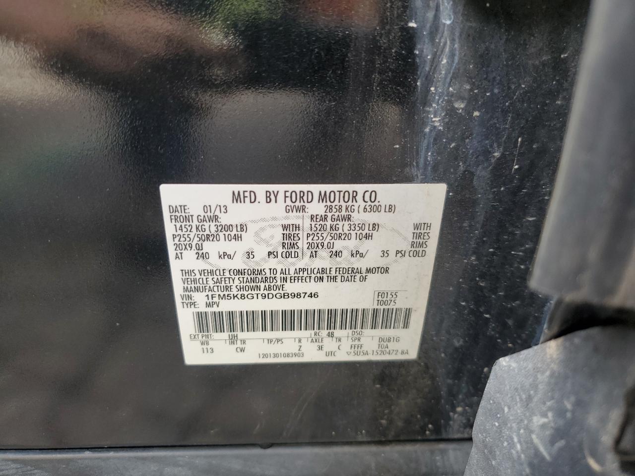 2013 Ford Explorer Sport VIN: 1FM5K8GT9DGB98746 Lot: 69132004