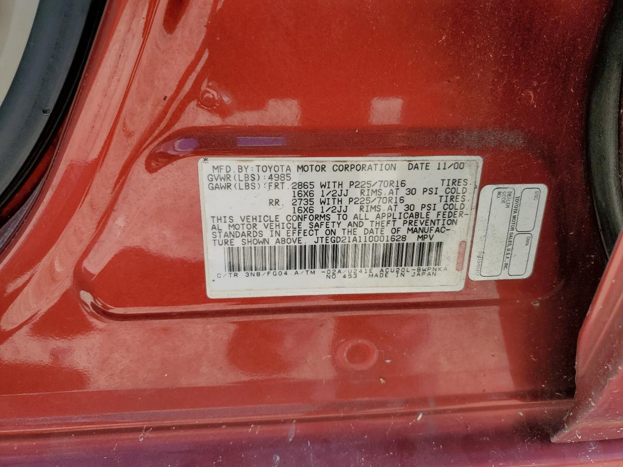 2001 Toyota Highlander VIN: JTEGD21A110001628 Lot: 66676824