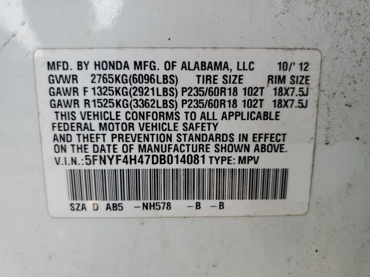 5FNYF4H47DB014081 2013 Honda Pilot Ex