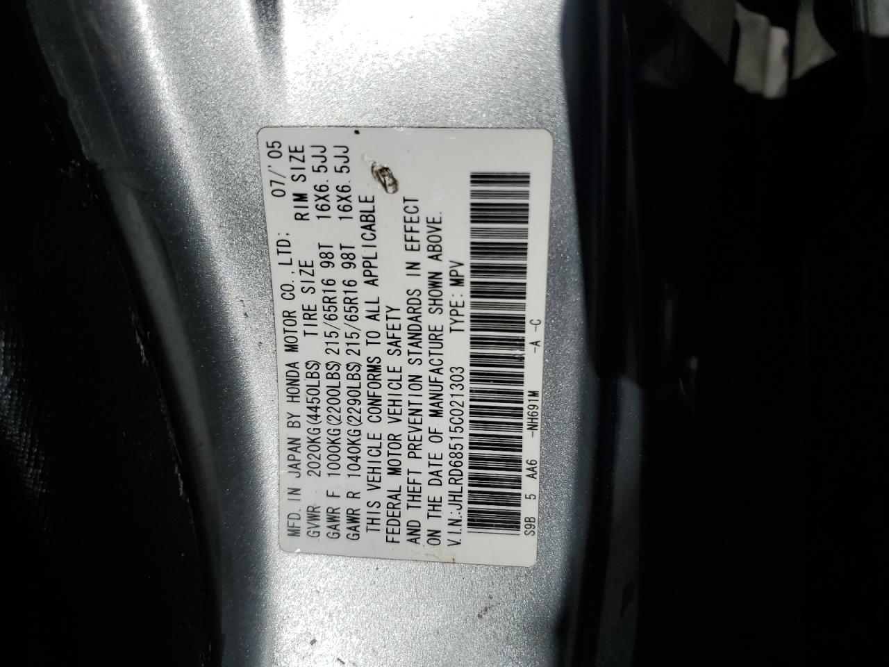 2005 Honda Cr-V Lx VIN: JHLRD68515C021303 Lot: 64595504