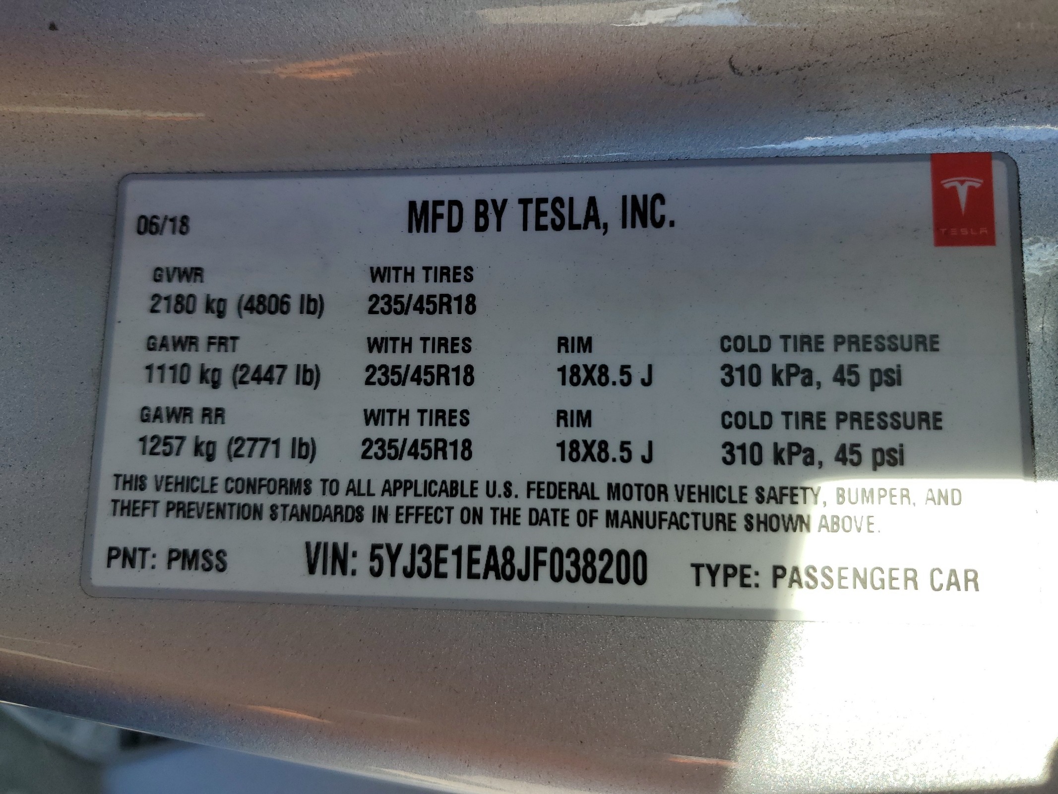 5YJ3E1EA8JF038200 2018 Tesla Model 3