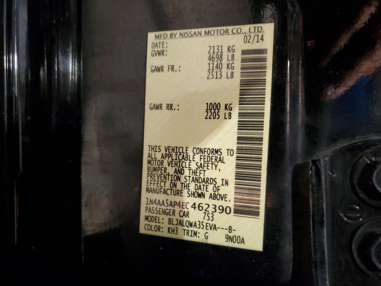 2014 Nissan Maxima S VIN: 1N4AA5AP4EC462390 Lot: 65748654