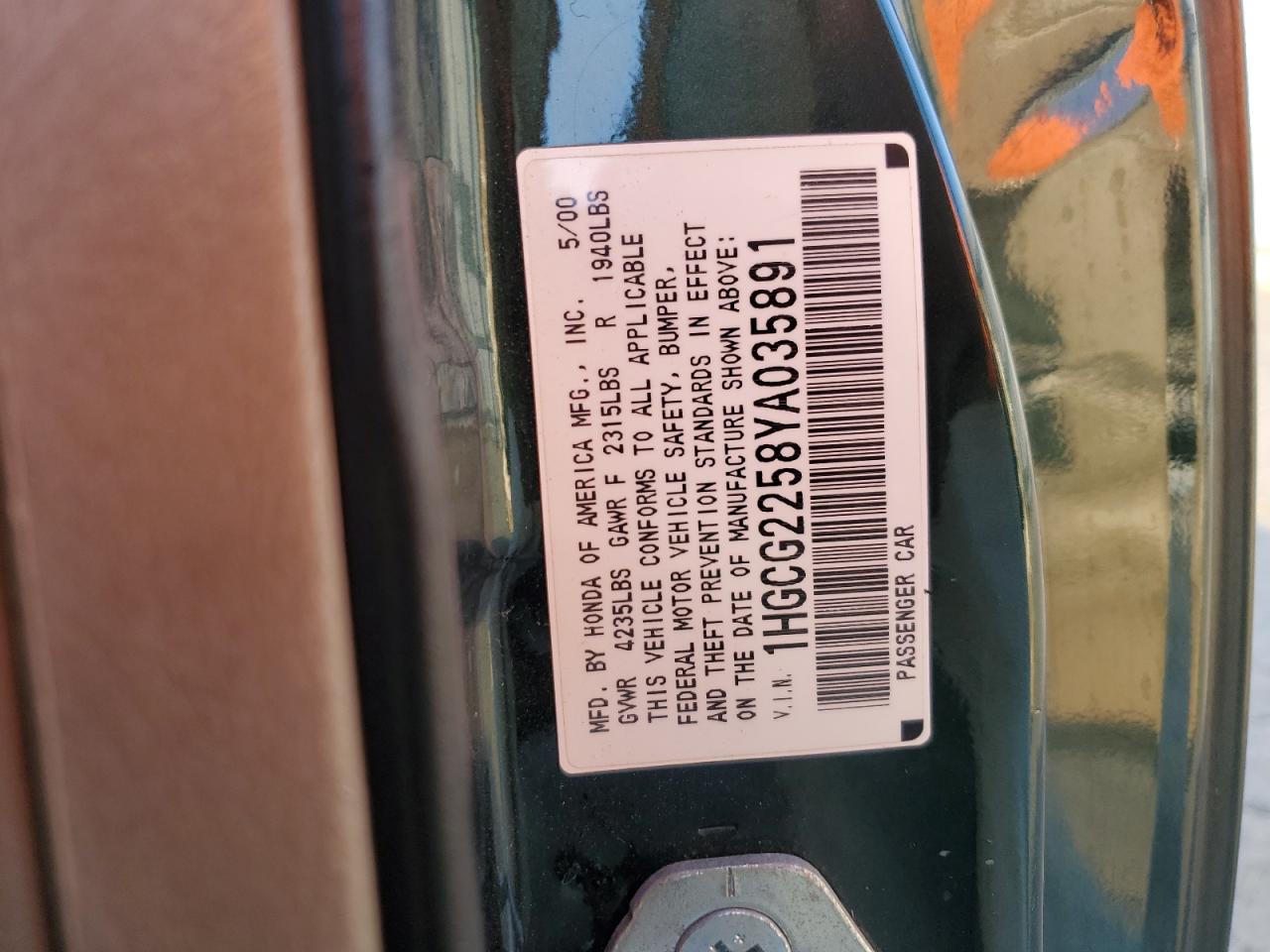 2000 Honda Accord Ex VIN: 1HGCG2258YA035891 Lot: 65673144