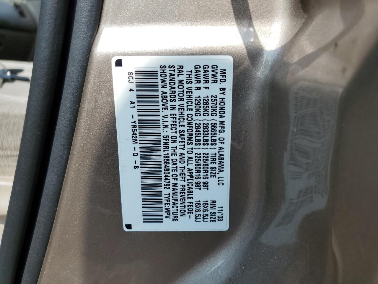 5FNRL18584B044792 2004 Honda Odyssey Lx