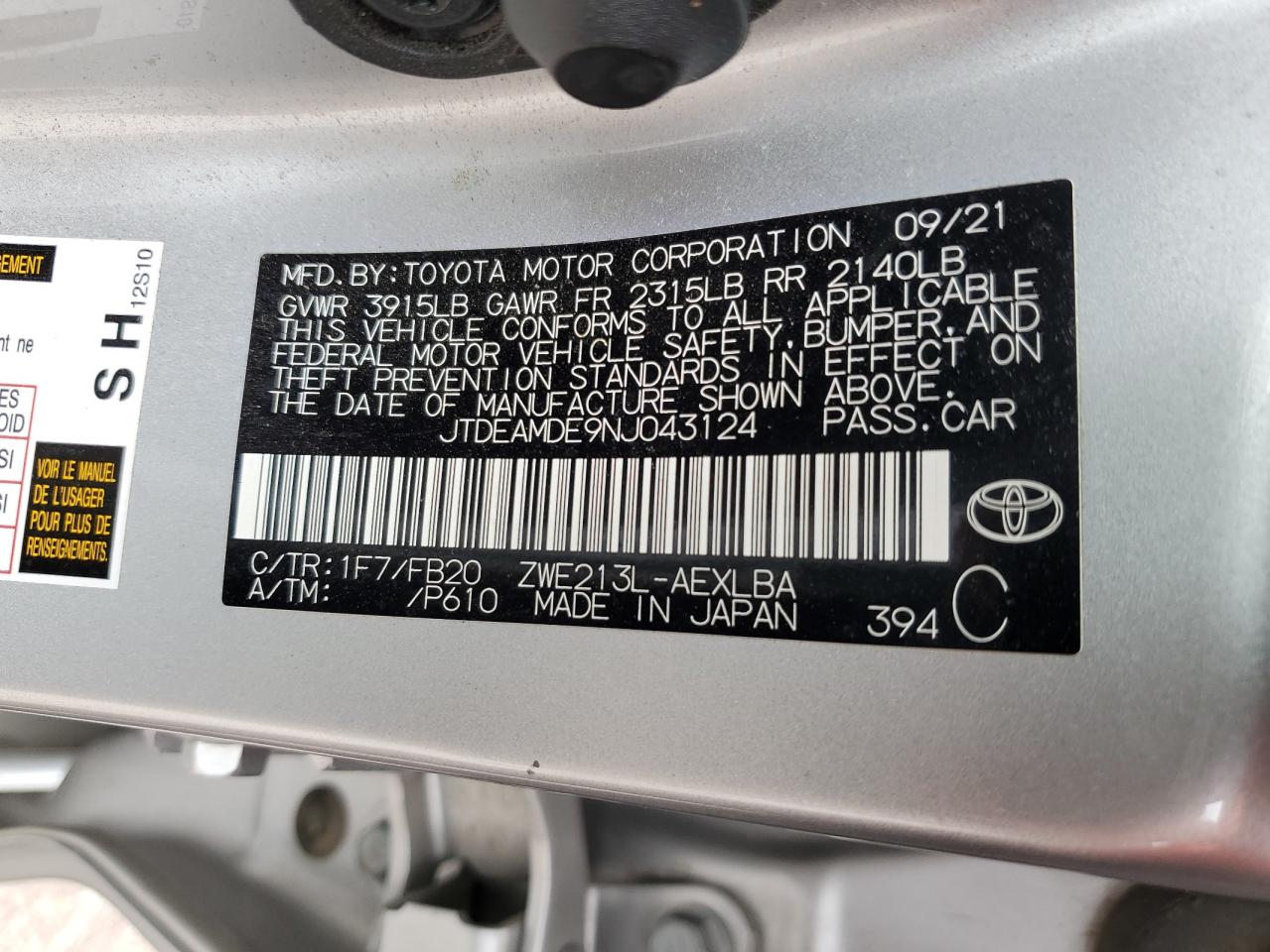 JTDEAMDE9NJ043124 2022 Toyota Corolla Le