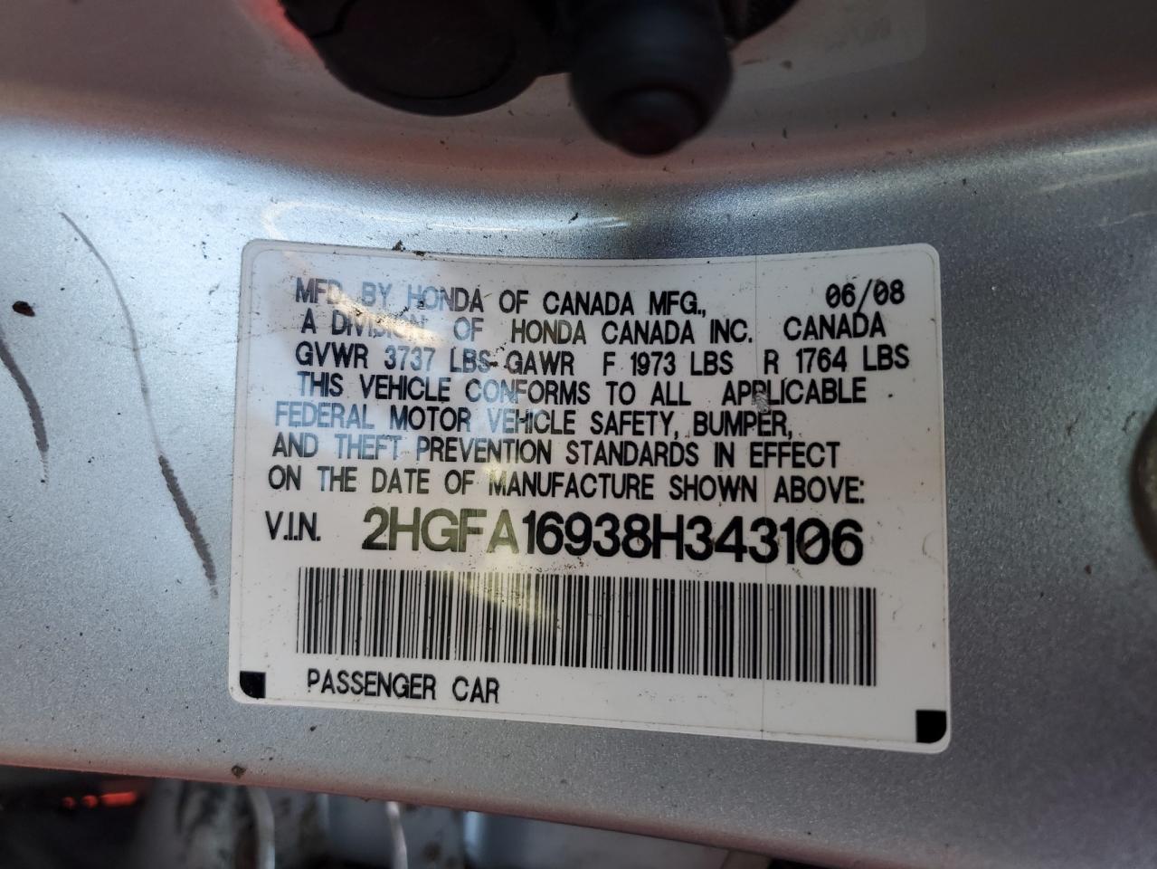 2008 Honda Civic Exl VIN: 2HGFA16938H343106 Lot: 66748074