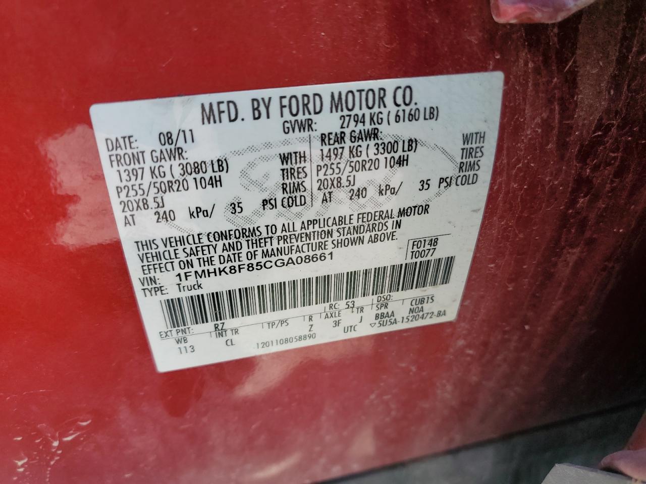 2012 Ford Explorer Limited VIN: 1FMHK8F85CGA08661 Lot: 67833194