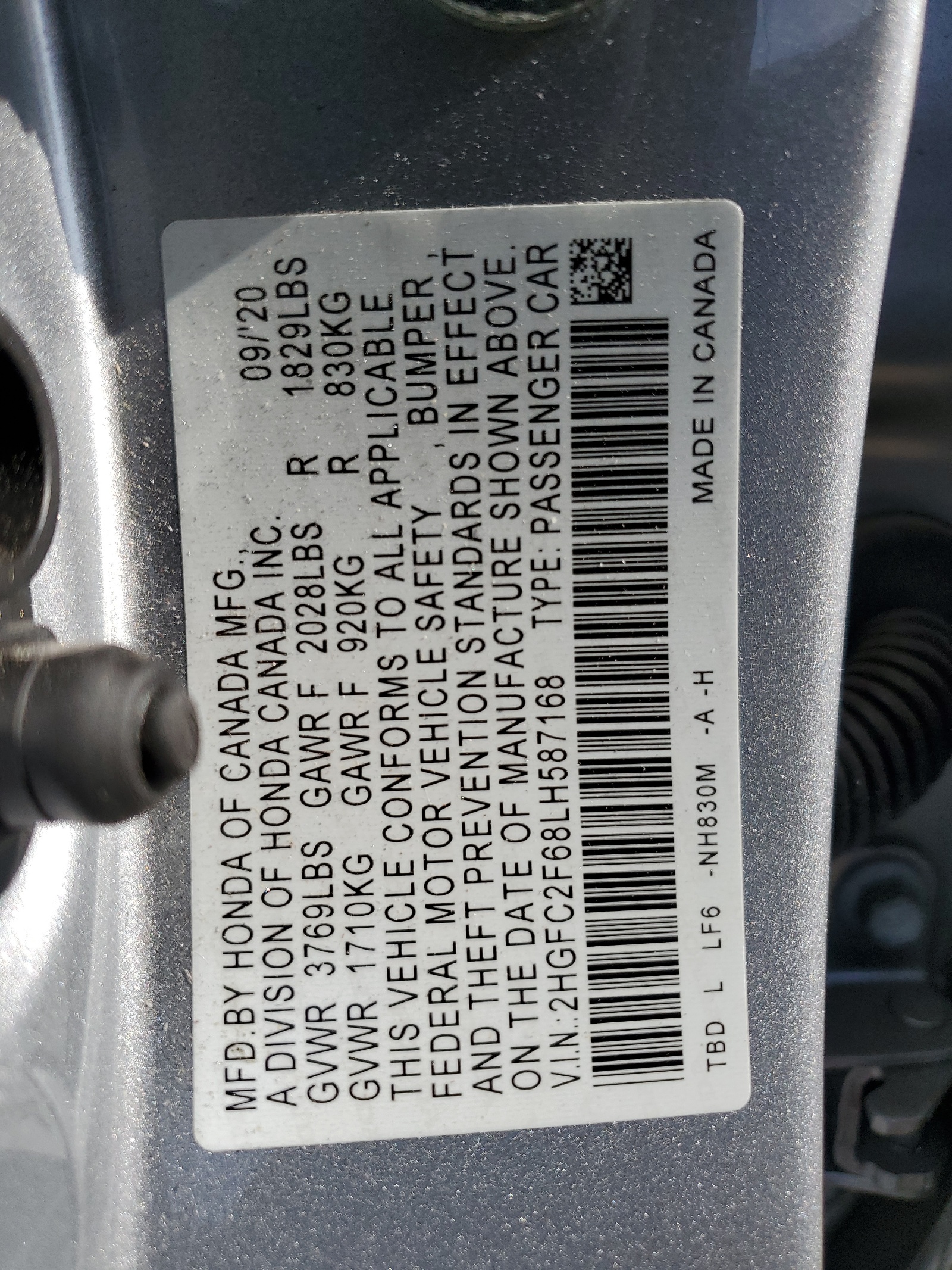 2HGFC2F68LH587168 2020 Honda Civic Lx