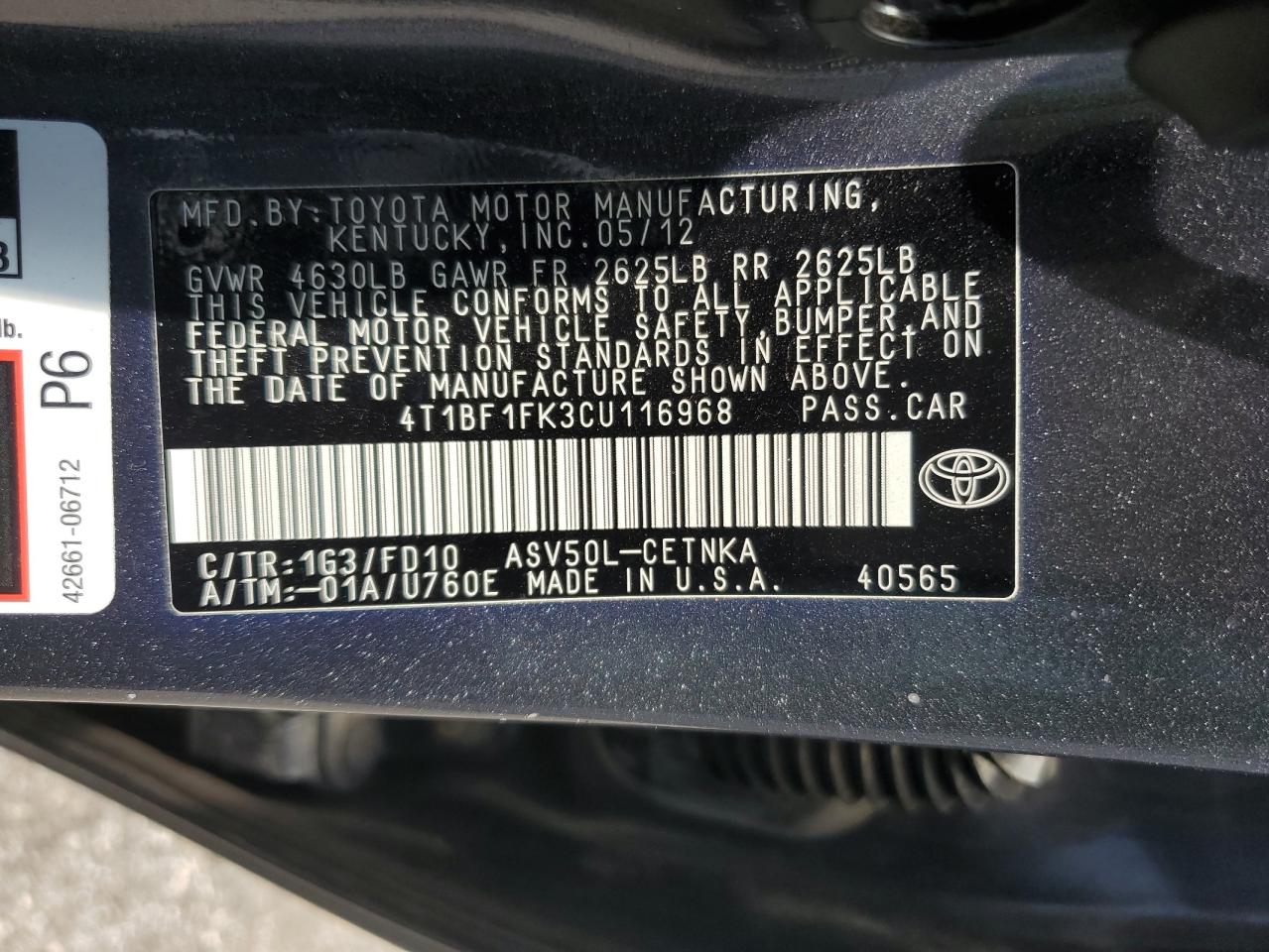 4T1BF1FK3CU116968 2012 Toyota Camry Base