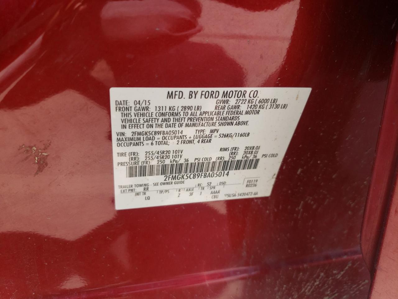 2015 Ford Flex Sel VIN: 2FMGK5C89FBA05014 Lot: 65662594