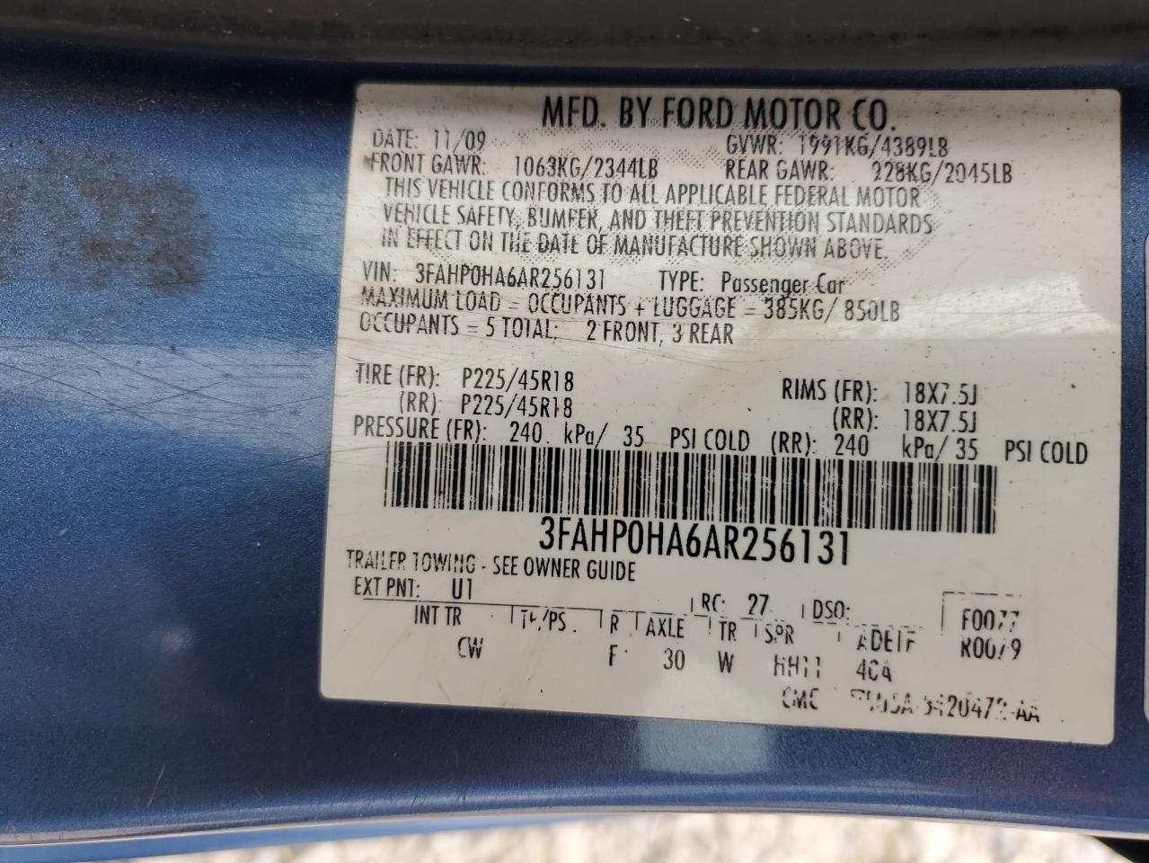 2010 Ford Fusion Se VIN: 3FAHP0HA6AR256131 Lot: 65752114