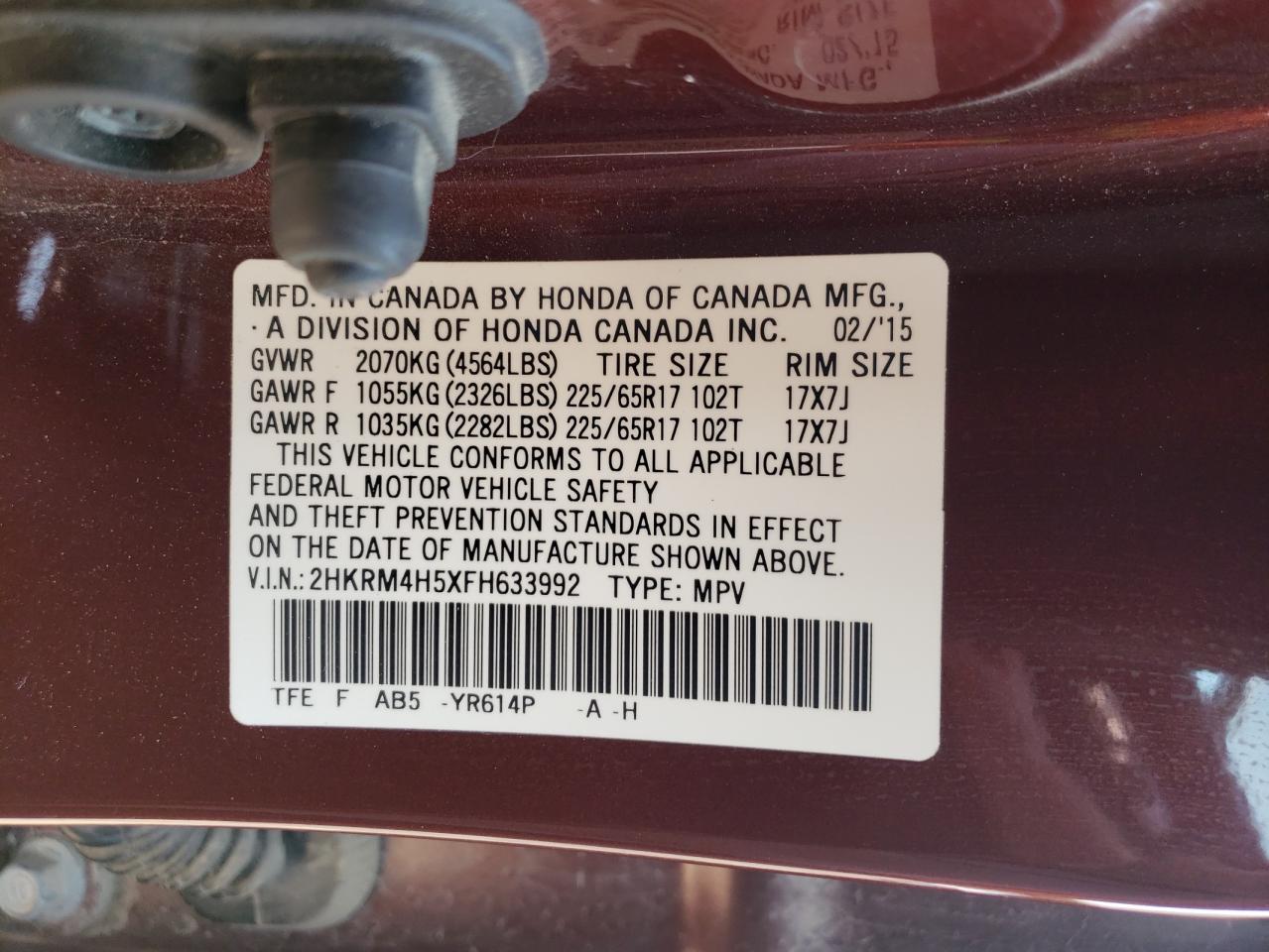 2015 Honda Cr-V Ex VIN: 2HKRM4H5XFH633992 Lot: 66014404