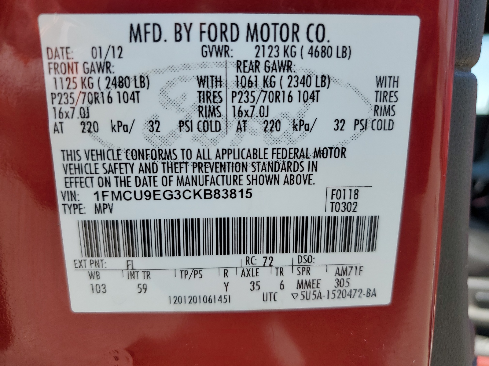 1FMCU9EG3CKB83815 2012 Ford Escape Limited