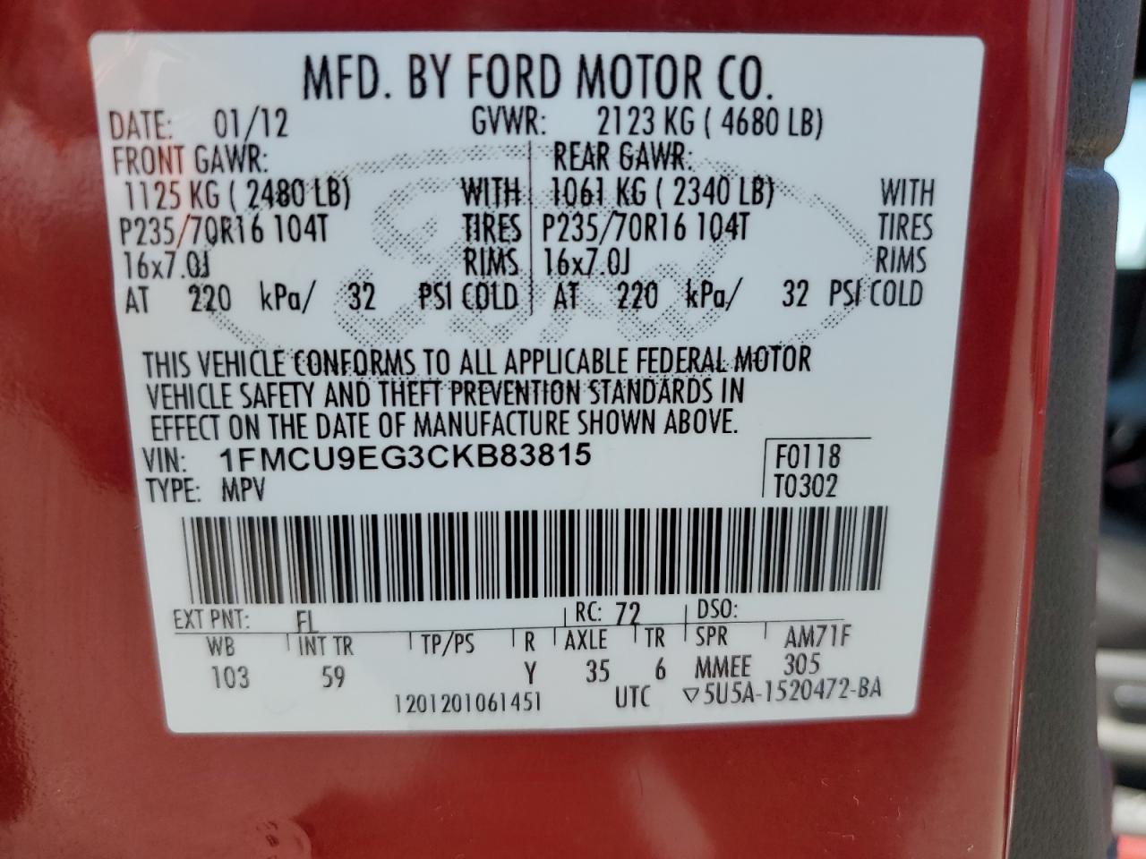 2012 Ford Escape Limited VIN: 1FMCU9EG3CKB83815 Lot: 68160404