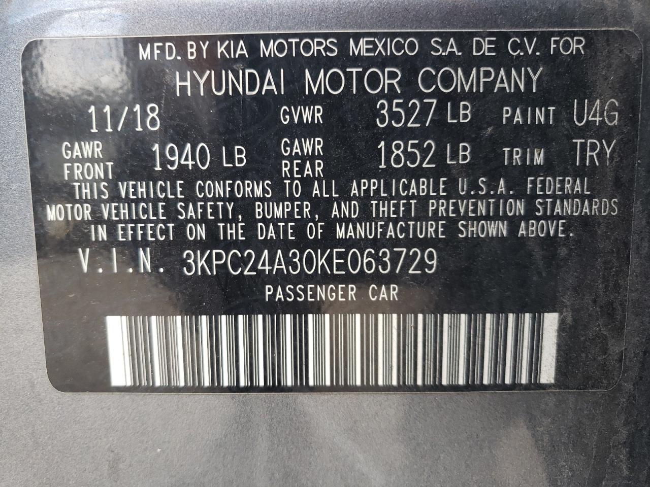 2019 Hyundai Accent Se VIN: 3KPC24A30KE063729 Lot: 67498054