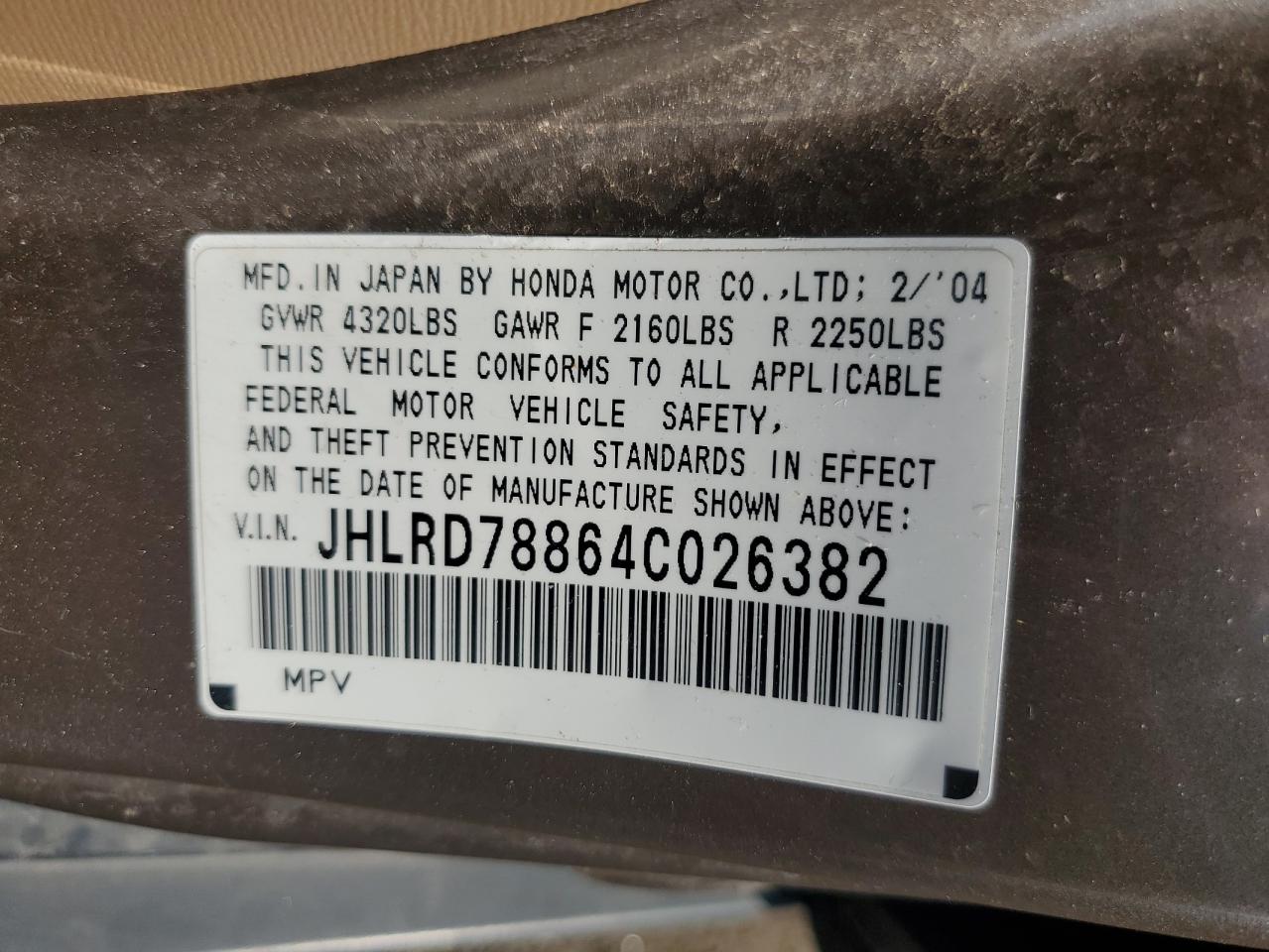 2004 Honda Cr-V Ex VIN: JHLRD78864C026382 Lot: 68692814