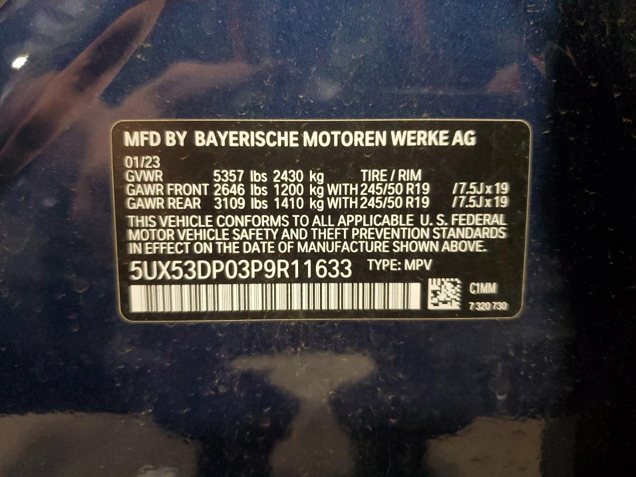 2023 BMW X3 xDrive30I VIN: 5UX53DP03P9R11633 Lot: 67606464