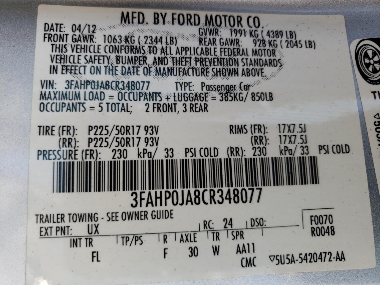 2012 Ford Fusion Sel VIN: 3FAHP0JA8CR348077 Lot: 66751924