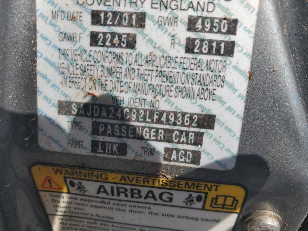 2002 Jaguar Vandenplas VIN: SAJDA24C92LF49362 Lot: 66238794