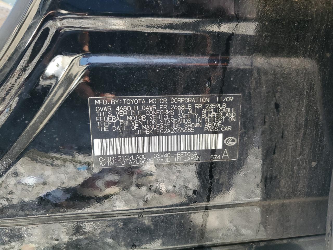 2010 Lexus Es 350 VIN: JTHBK1EG2A2365685 Lot: 65042074