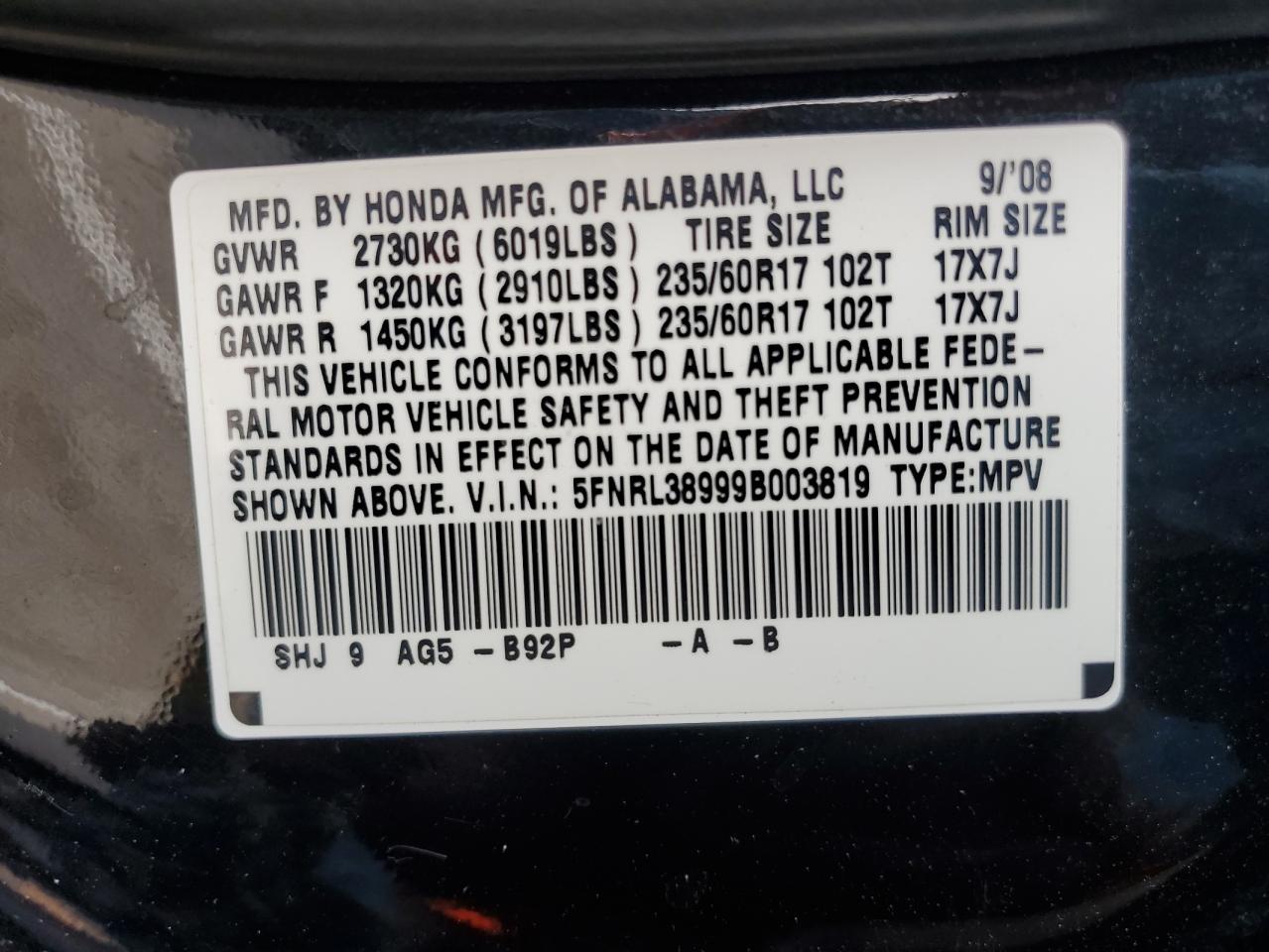 2009 Honda Odyssey Touring VIN: 5FNRL38999B003819 Lot: 65086794