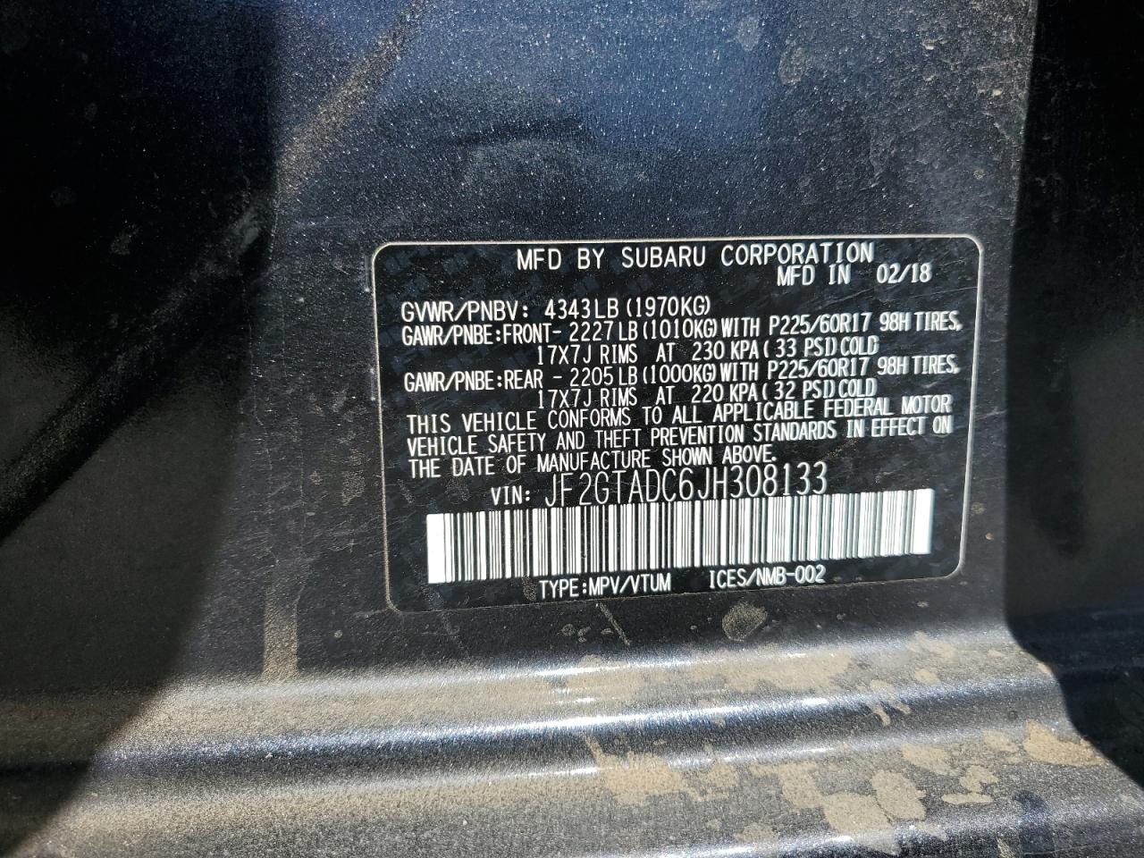 JF2GTADC6JH308133 2018 Subaru Crosstrek Premium