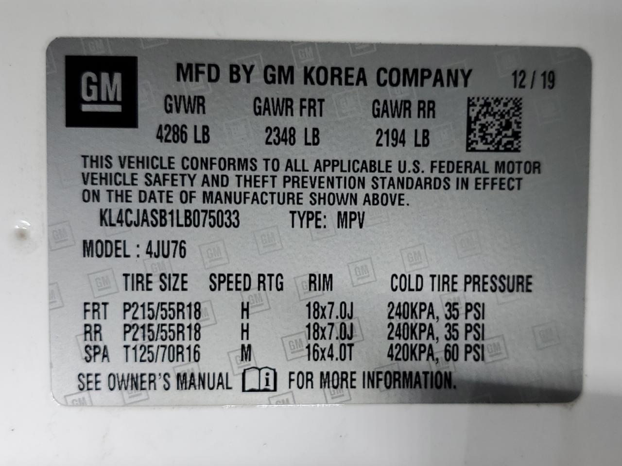 2020 Buick Encore Preferred VIN: KL4CJASB1LB075033 Lot: 68409784