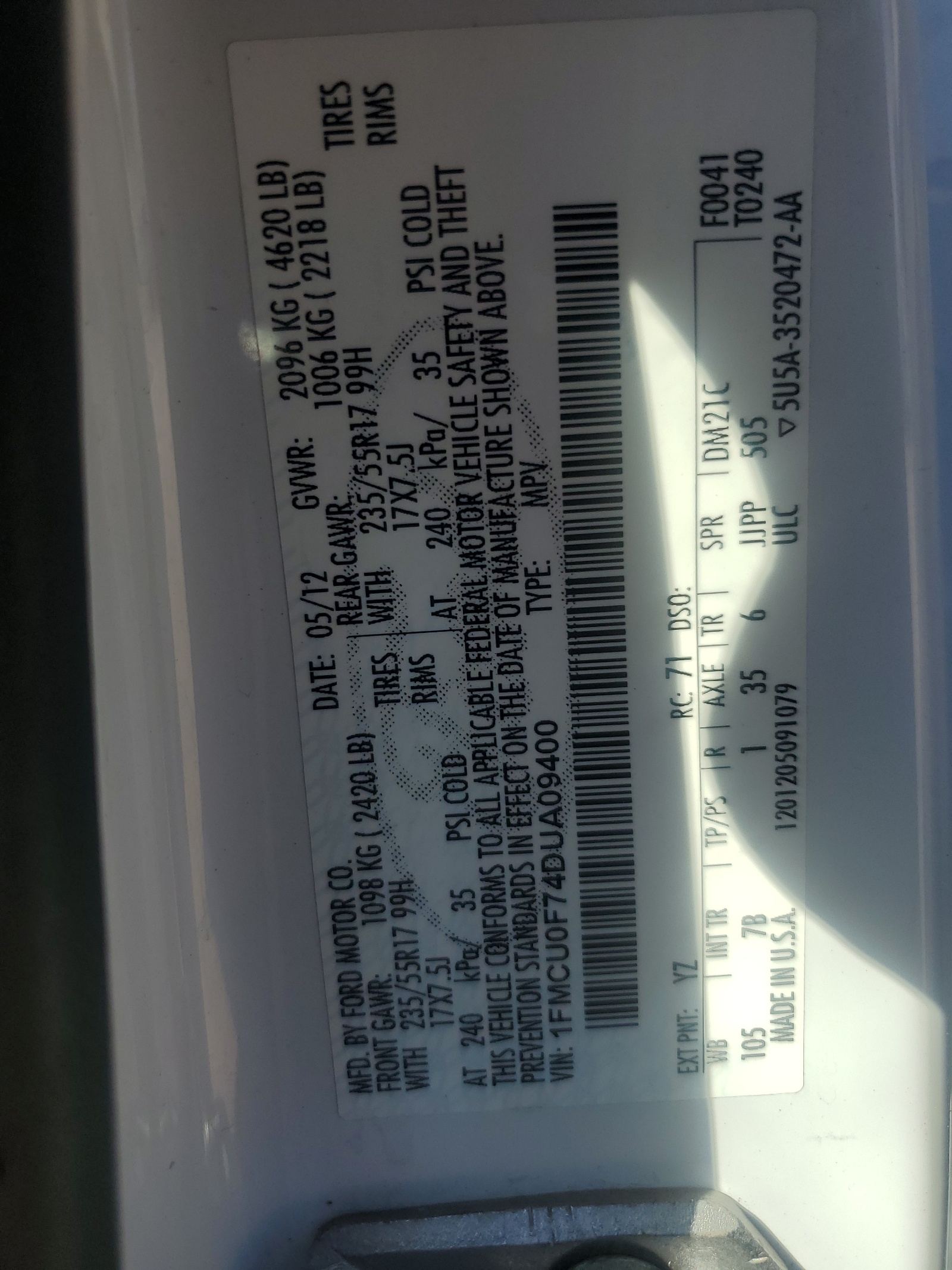 1FMCU0F74DUA09400 2013 Ford Escape S