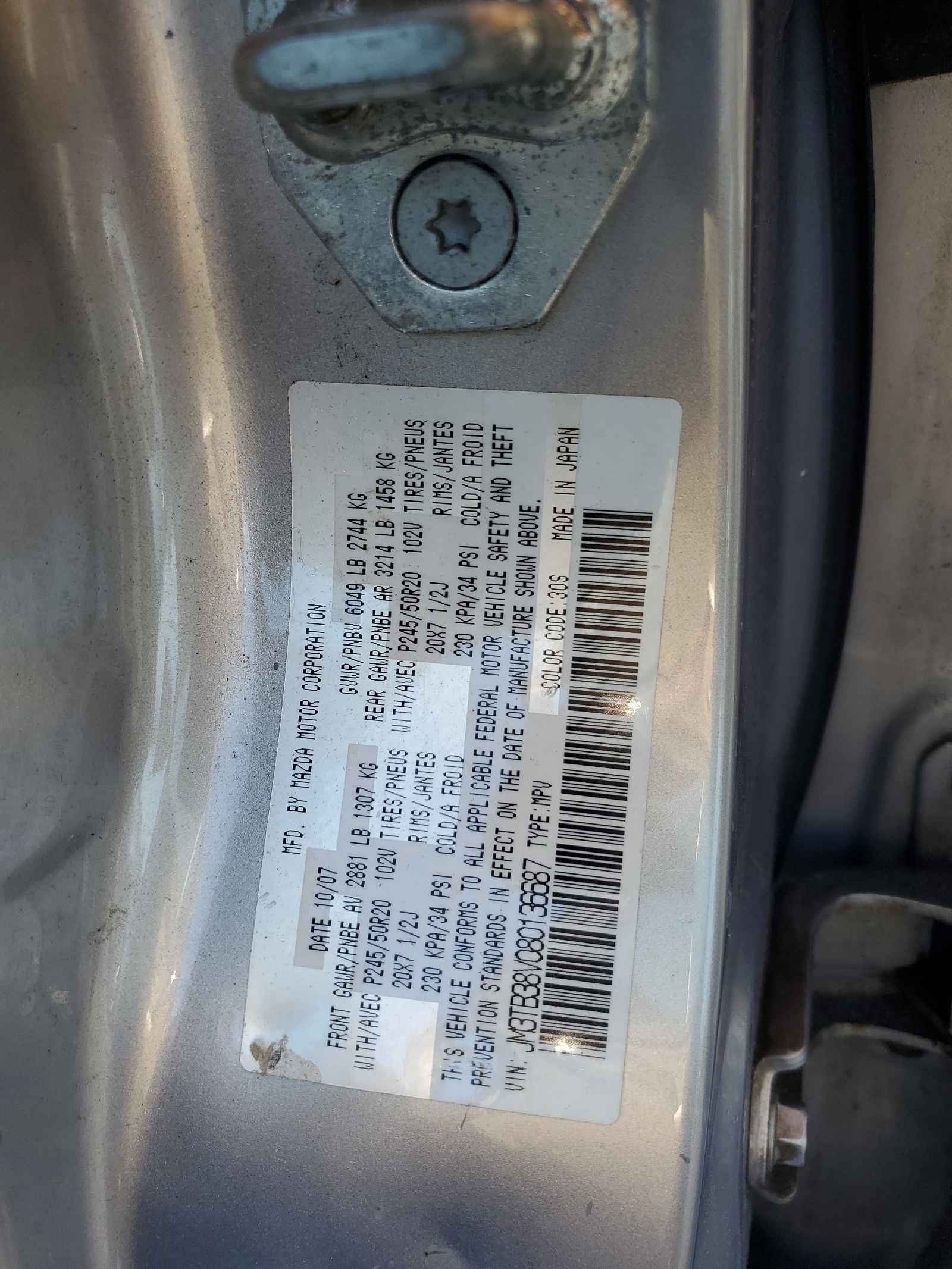 JM3TB38V080136687 2008 Mazda Cx-9