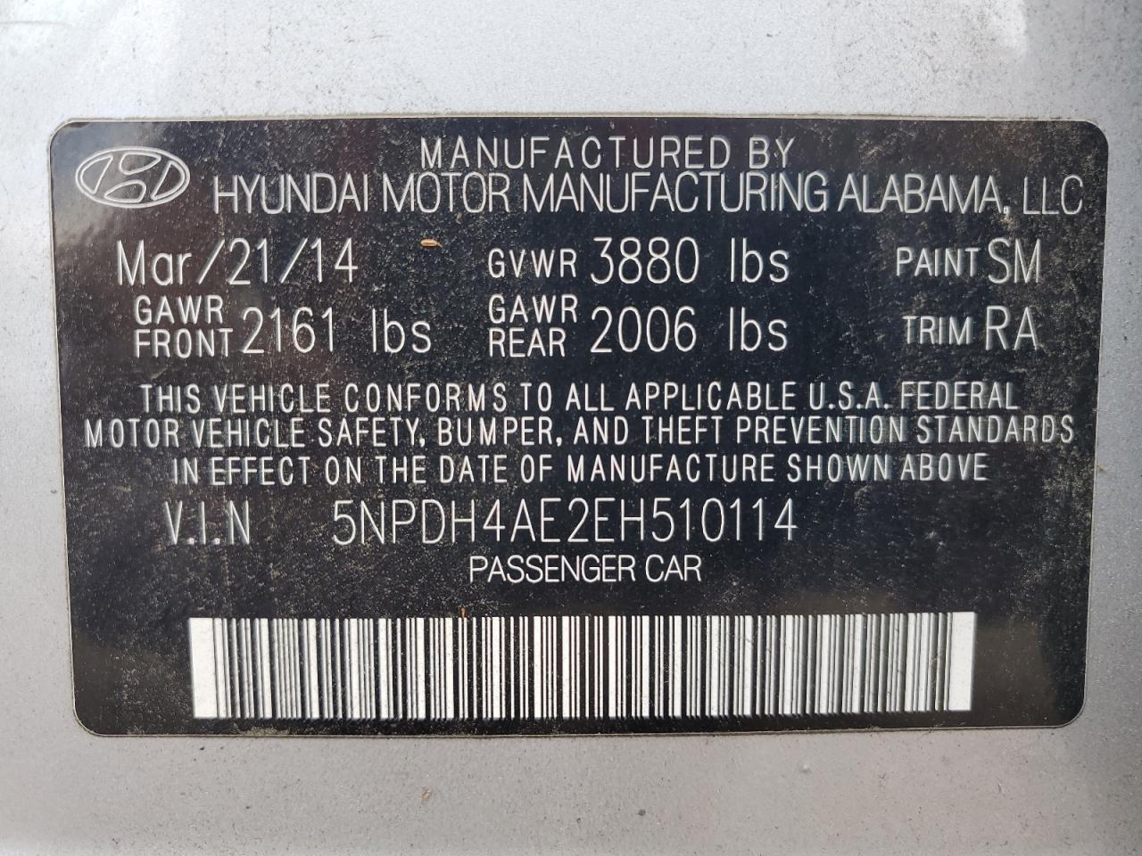 2014 Hyundai Elantra Se VIN: 5NPDH4AE2EH510114 Lot: 65672414